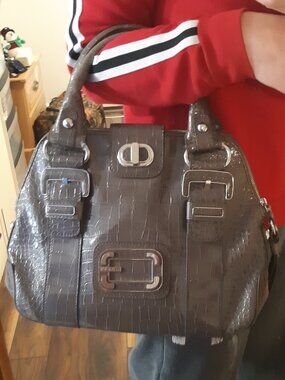 GUESS Croc Embossed Glossy Leather Satchel Bag Y2K Taupe Grey